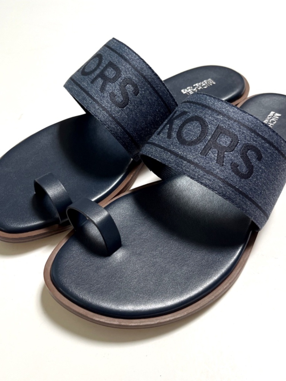 Michael Kors Toe Ring Slide Sandals Navy Blue Logo Flat Slides Size 10 NWOB - Picture 3 of 9